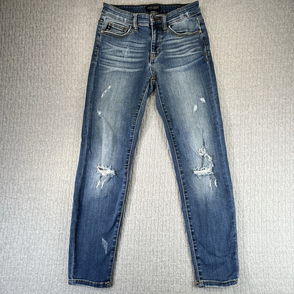 Judy Blue Relaxed Fit Jeans Womens 5/27 (28x27) Blue Distressed Ripped Denim